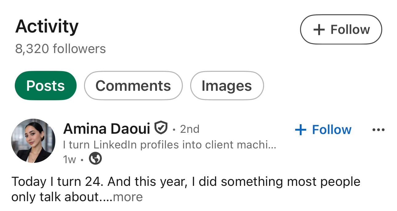 Amina Daoui LinkedIn activity showing 8,320 followers