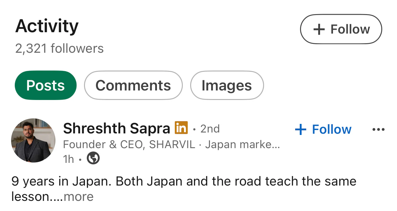 Shreshth Sapra LinkedIn activity showing 2,321 followers